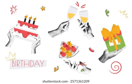 Birthday vintage collage conception set in retro halftone design. Collection with hands holding holiday cake with candles, champagne in glasses, flower bouquet, wrapping gift box. Vector illustration.