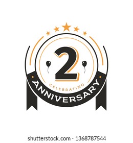 Birthday vintage logo template 2 nd anniversary circle retro isolated vector emblem. Second years old badge on white background