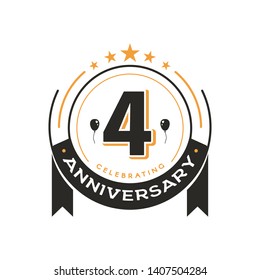 Birthday vintage logo template 4 th anniversary circle retro isolated vector emblem. Fourth years old badge on white background