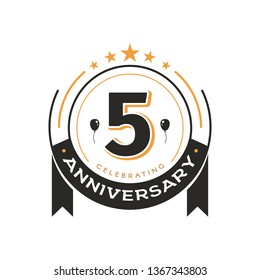 Birthday vintage logo template 5 th anniversary circle retro isolated vector emblem. Five years old badge on white background