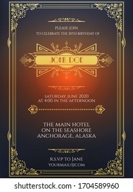 Birthday Vintage Poster or flyer with geometric ornate ornamental elements and geometric frame on black background with sample text. Elements are layered separately in vector file.