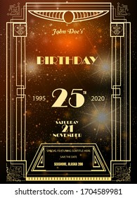 Birthday Vintage Poster or flyer with geometric ornate ornamental elements on grunge background with sample text for promoting your vintage events. Elements are layered separately in vector file.