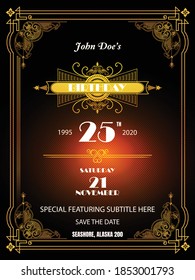 Birthday Vintage Poster or flyer with geometric ornate ornamental elements and geometric frame on black background with sample text. Elements are layered separately in vector file.