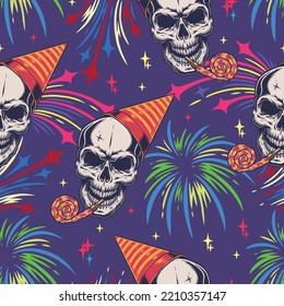 Birthday vintage seamless pattern colorful with skull with birthday party accessories and fireworks for fun anniversary celebration vector illustration