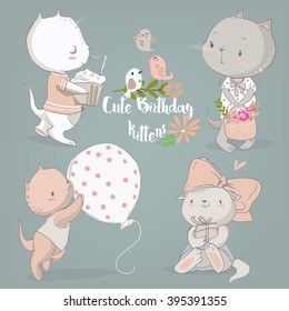 birthday vintage set with cute cartoon kittens