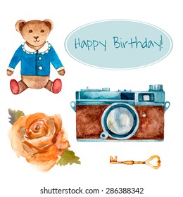 Birthday vintage style card. Vintage watercolor camera, teddy bear, flower, key. Hand drawn vector illustration.