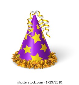 Birthday violet hat with yellow stars isolated vector illustration