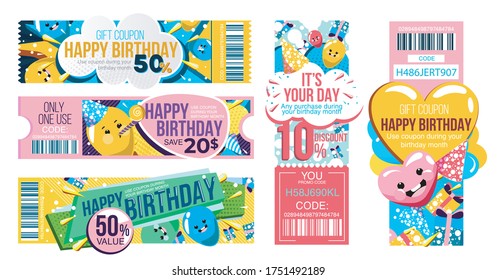 Birthday Voucher. Happiness Face On Birthday Gift Voucher With Discount Offer. Happy Birhday Coupon Template With Colorful Background And Sale Code. Celebration Certificate