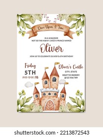 birthday watercolor invitation card with castle or kingdom theme template background