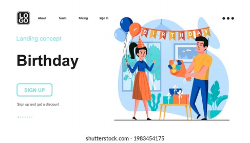 Birthday web concept. Man congratulates woman and gives gift, couple celebrates together at party. Template of people scenes. Vector illustration with character activities in flat design for website