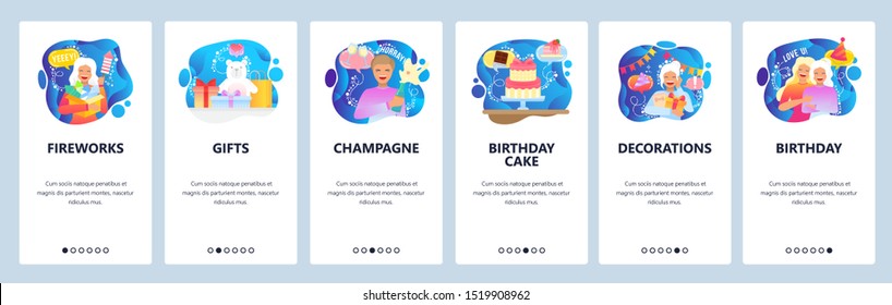 Birthday web site and mobile app onboarding screens. Menu banner vector template for website and application development with blue liquid abstract shapes. Cake, decorations, fireworks, gifts champagne