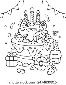 Birthday wedding cake coloring page illustration