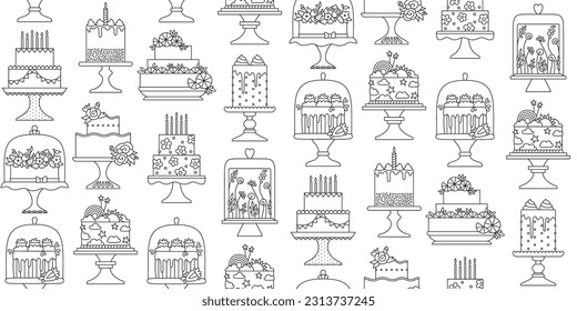 Birthday and wedding cakes celebration desserts doodle seamless pattern. Party delicious cupcake sweet bakery boundless background. Holiday decoration cake ornament pastries linear texture vector