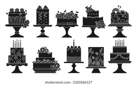 Birthday and wedding cakes celebration desserts set. Party delicious cupcake sweet bakery collection. Holiday decoration tasty cake, anniversary invitation card, pastries engraving silhouette design