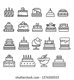 Birthday or wedding cakes, fruit and chocolate pastries, isolated outline icons vector. Celebrating anniversary dessert, tiramisu or cheesecake, Easter dish. Crepe and ice cream, festive candles