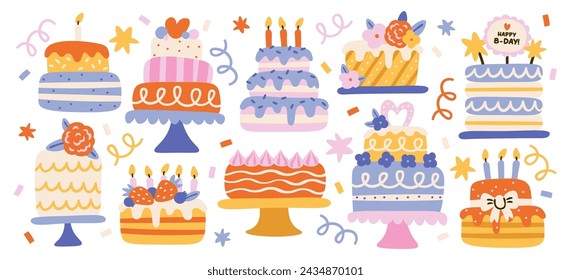 Birthday and wedding cakes set with cream, decoration and burning candles vector illustration. Festive bakery products, sweet pastry and confectionery desserts. Sugar gifts for congratulations