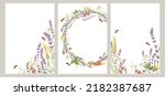 Birthday or Wedding invitation cards. Vector design element, wreaths of lavender, chamomile, wheat ears, strawberry and bee, medicinal herbs, calligraphy lettering.
