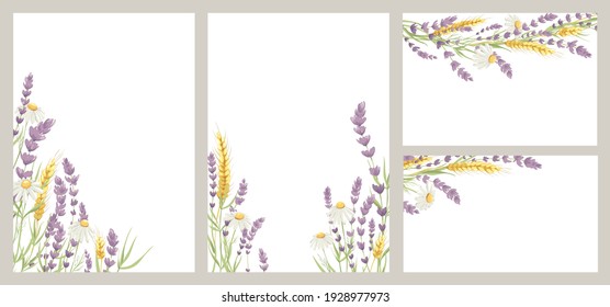 Birthday or Wedding invitation cards. Vector design element, wreaths of lavender, chamomile and wheat ears, medicinal herbs, calligraphy lettering.	