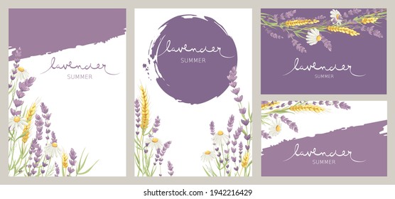 Tarjetas de invitación de cumpleaños o boda. Elemento de diseño vectorial, coronas de lavanda, camomila y orejas de trigo, hierbas medicinales, letras caligráficas.	