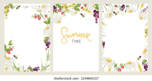 Birthday or Wedding invitation cards. Vector design element, wreaths of lavender, chamomile, wheat ears, strawberry and bee, medicinal herbs, calligraphy lettering. EPS 10.	