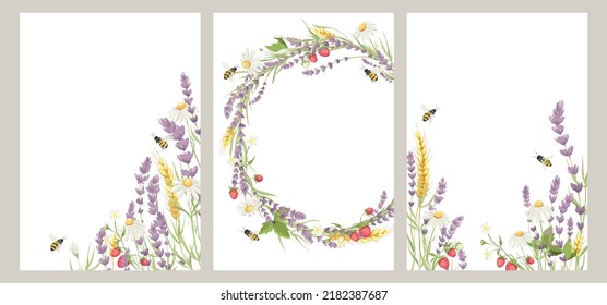 Birthday or Wedding invitation cards. Vector design element, wreaths of lavender, chamomile, wheat ears, strawberry and bee, medicinal herbs, calligraphy lettering.