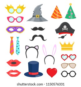 Birthday, wedding party accessories, stuff flat colorful illustrations with pirate, witch, vintage hat, rabbit, cat ears, lips, sunglasses, ties, crown, mustaches, heart.