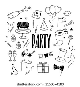 Birthday, wedding party related hand drawn doodle icons set, illustration with  hats, champagne, cake, balloons, flags, ribbons, mask.