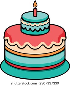 Birthday, wedding, tart cake with candle in flat color vector design in white background