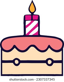 Birthday, wedding, tart cake with candle in flat color vector design in white background