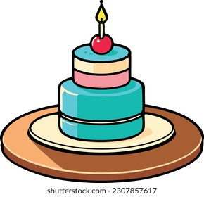 Birthday, wedding, tart cake with candle in flat color vector design in white background
