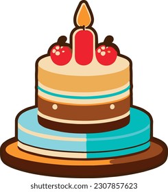 Birthday, wedding, tart cake with candle in flat color vector design in white background