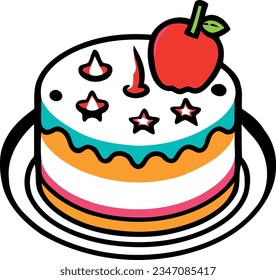 Birthday, wedding, tart cake with candle in flat color vector design in white background
