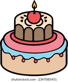 Birthday, wedding, tart cake with candle in flat color vector design in white background