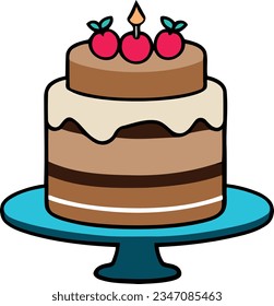 Birthday, wedding, tart cake with candle in flat color vector design in white background