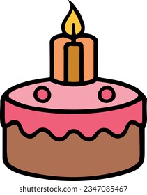 Birthday, wedding, tart cake with candle in flat color vector design in white background