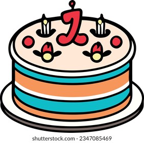 Birthday, wedding, tart cake with candle in flat color vector design in white background