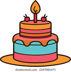 Birthday, wedding, tart cake with candle in flat color vector design in white background