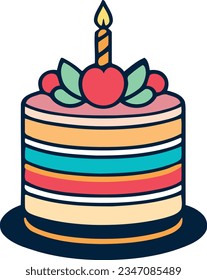 Birthday, wedding, tart cake with candle in flat color vector design in white background