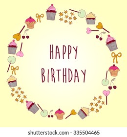 Birthday or wedding template with cute sweet elements. Vector illustration for birthday greeting cards, invitations, cafe ads, etc.
