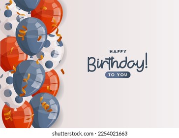 Birthday white card with shiny balloons, confetti, handwritten lettering. Birthday party, celebration, holiday, event, festive, congratulations. Banner, flyer, postcard, cover template. Cartoon vector