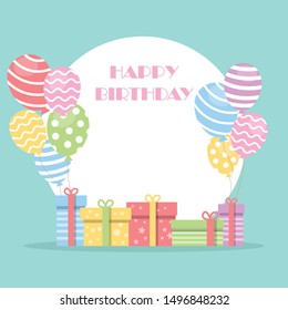 ็Happy birthday with white copyspace background. Card design with balloons and colored gifts. Invitation template design. Vector illustration in flat design.