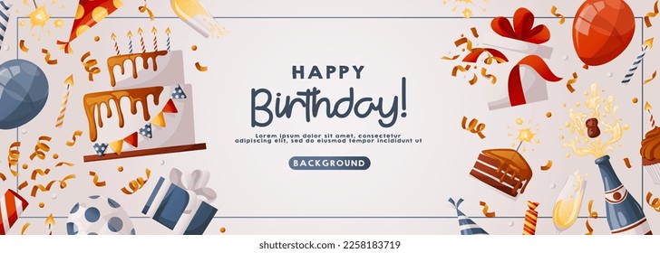 Birthday white promo banner with cake, cupcake, gifts, champagne, caps, confetti. Birthday party, celebration, holiday, event, festive concept. Banner, flyer, advertising. Discount. Cartoon vector