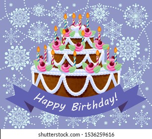 A birthday in the winter. Happy Birthday coloured card. Happy birthday greetings. Postcard to the day of birth. He was born in the fall. Vector illustration.
