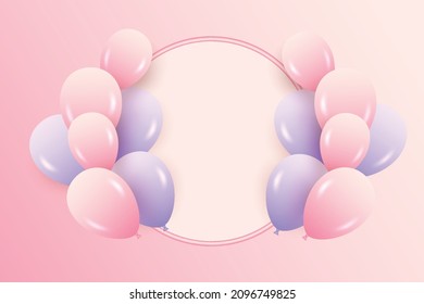 Birthday wish frame with realistic pink purple   balloons set  and pink background 