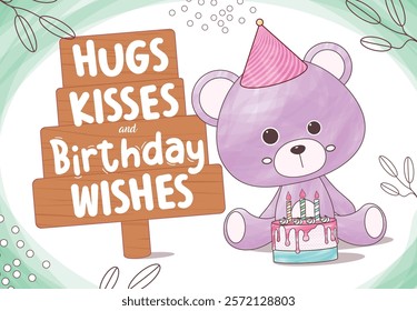 Birthday wishes clipart poster design. Hugs, kisses and birthday text in wooden sign with cute purple teddy bear in blue abstract background. Vector illustration bday party decoration clip art.
