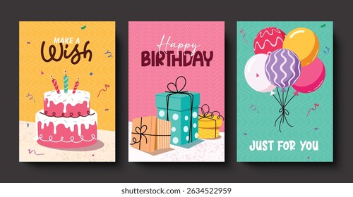 Birthday wishes clipart poster set design. Happy birthday greeting text clip art collection in colorful abstract background with strawberry cake, gift box and bunch of balloons for invitation card 