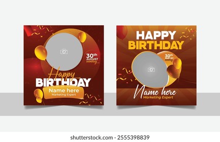 Birthday wishes flyer social media post template, party invitation or greeting card, happy wedding anniversary celebration event square banner poster design set