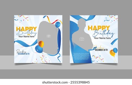 Birthday wishes flyer social media post template, party invitation or greeting card, happy wedding anniversary celebration event square banner poster design set