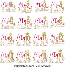 Birthday wishes Greeting design first to sixteen vector text design gold and pink svg