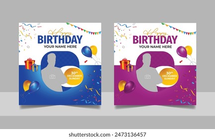 Birthday wishes social media post template, party invitation or greeting card, happy wedding anniversary celebration event square banner poster design set